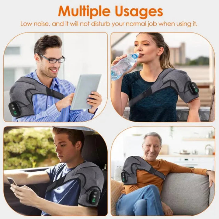 People using the RelaxRiser™ HeatFlex Shoulder Wrap in different situations—working, relaxing, driving, and exercising—demonstrating its quiet operation and versatility for everyday use.