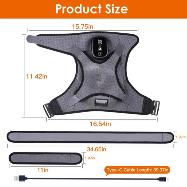 Detailed size chart for the RelaxRiser™ HeatFlex Shoulder Wrap, including shoulder pad, adjustable straps, and USB Type-C charging cable with precise inch measurements for optimal fit.