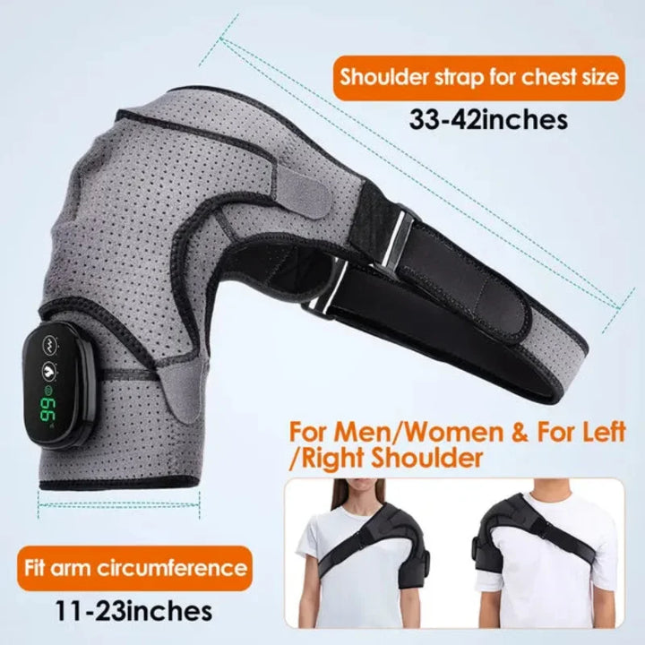 Size guide for RelaxRiser™ HeatFlex Shoulder Wrap showing adjustable fit for chest sizes 33–42 inches and arm circumference 11–23 inches; suitable for both men and women, and for use on either shoulder.