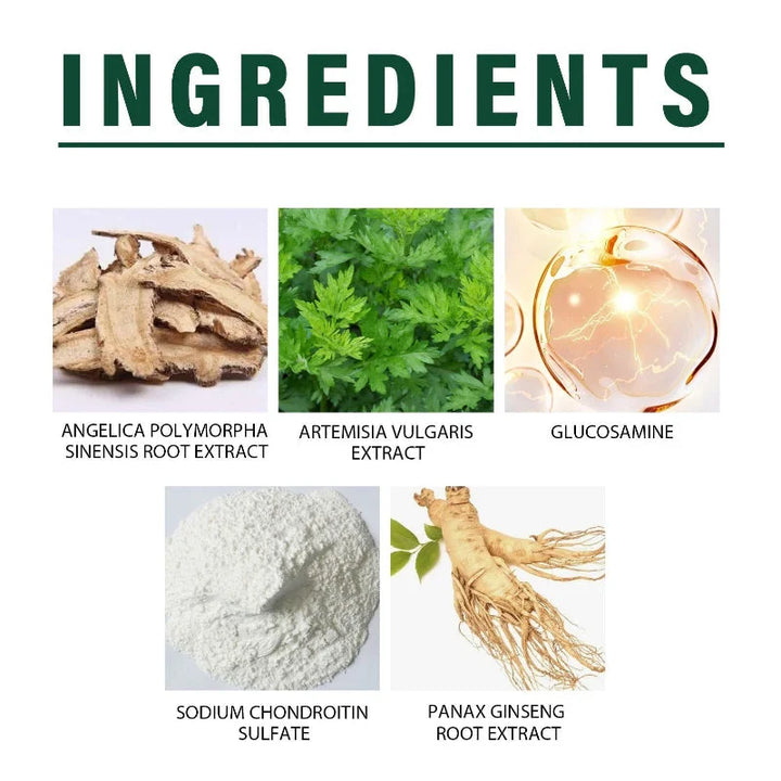 Visual chart showing herbal ingredients used in RelaxRiser shoulder patches: Angelica Root, Artemisia Vulgaris, Glucosamine, Chondroitin, and Ginseng root extract