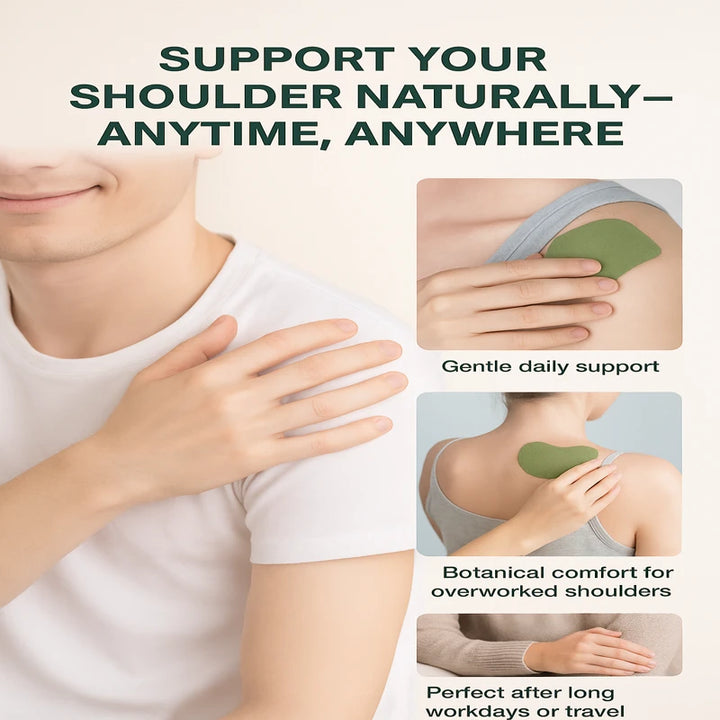 Person applying a RelaxRiser herbal shoulder patch with clean, minimal text showing natural daily support for overworked shoulders – calming and ad-safe design