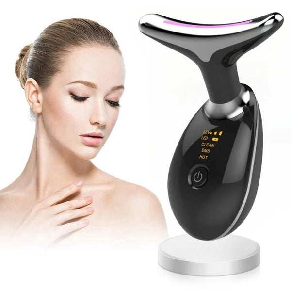 RelaxRiser VSkin Black EMS Neck and Face Massager with LED light therapy for skin tightening, wrinkle reduction, and facial rejuvenation