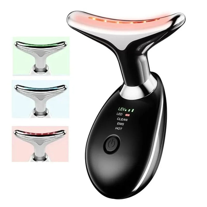 Black RelaxRiser VSkin LED Neck Massager with red, blue, and green light modes for anti-aging, collagen boosting, and skin tightening