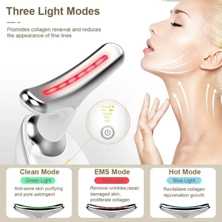 RelaxRiser VSkin LED therapy device showing Clean, EMS, and Hot modes for skin tightening, wrinkle reduction, and collagen renewal on neck and face