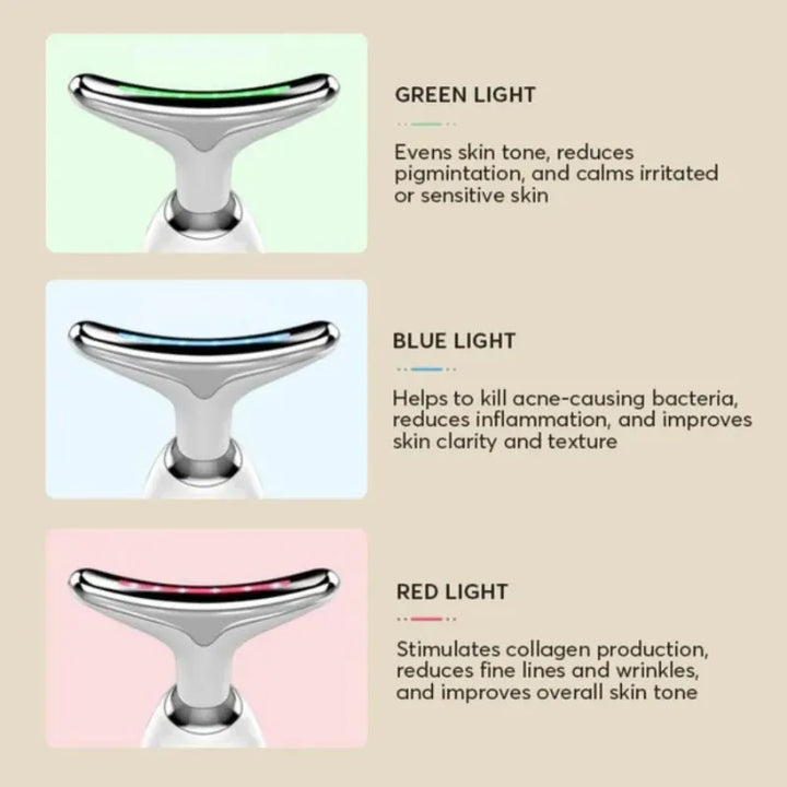 LED light therapy functions of RelaxRiser VSkin device – green for pigmentation, blue for acne, red for collagen boost and anti-aging