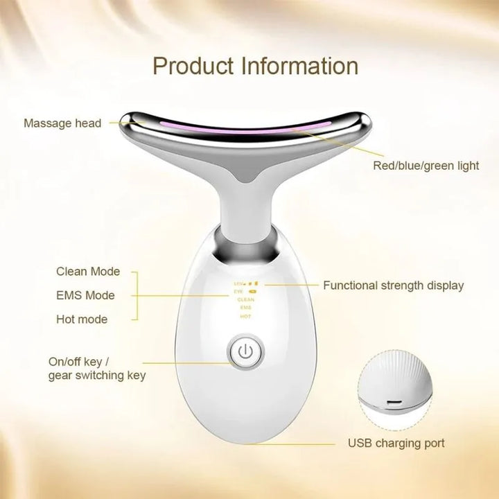 VSkin neck massager product information showing red blue green light therapy, EMS mode, hot mode, and USB charging port