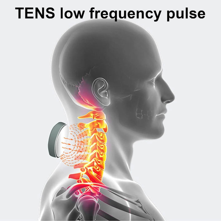 Illustration showing TENS low frequency pulse therapy targeting the neck and spine for muscle relaxation and stimulation.