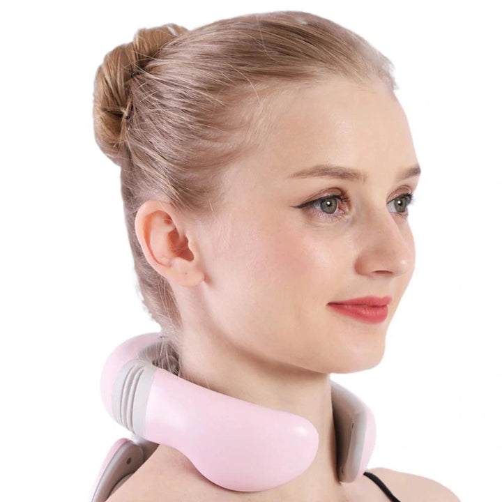 Young woman wearing a pink smart neck massager, demonstrating a comfortable and stylish fit for everyday use.